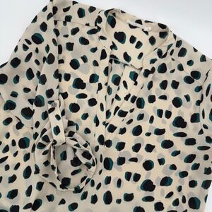 LUSH Cheetah Print Button Front Blouse Top Cream Black Teal Women's Small